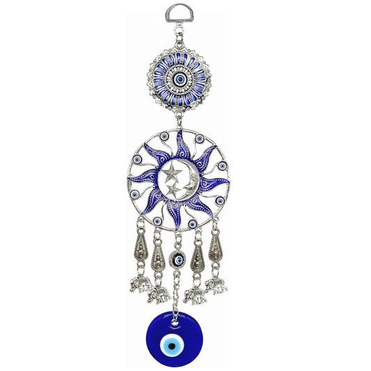 Turkish Evil Eye Wall Hanging, Blue Silver Sun Moon Stars Design with Elephant Charms, Traditional Protection Amulet Decor (1, Moon Star)