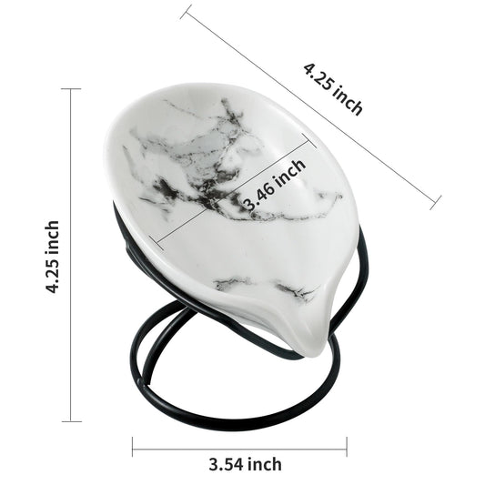 Dobbyby Leaf-Shaped Soap Dish – Premium Ceramic Soap Bar Holder with Self-Drainage System – Bar Soap Holder for Shower, Bathroom Sink, Kitchen – Waterfall Soap Dish with Stainless Steel Stand (Black)