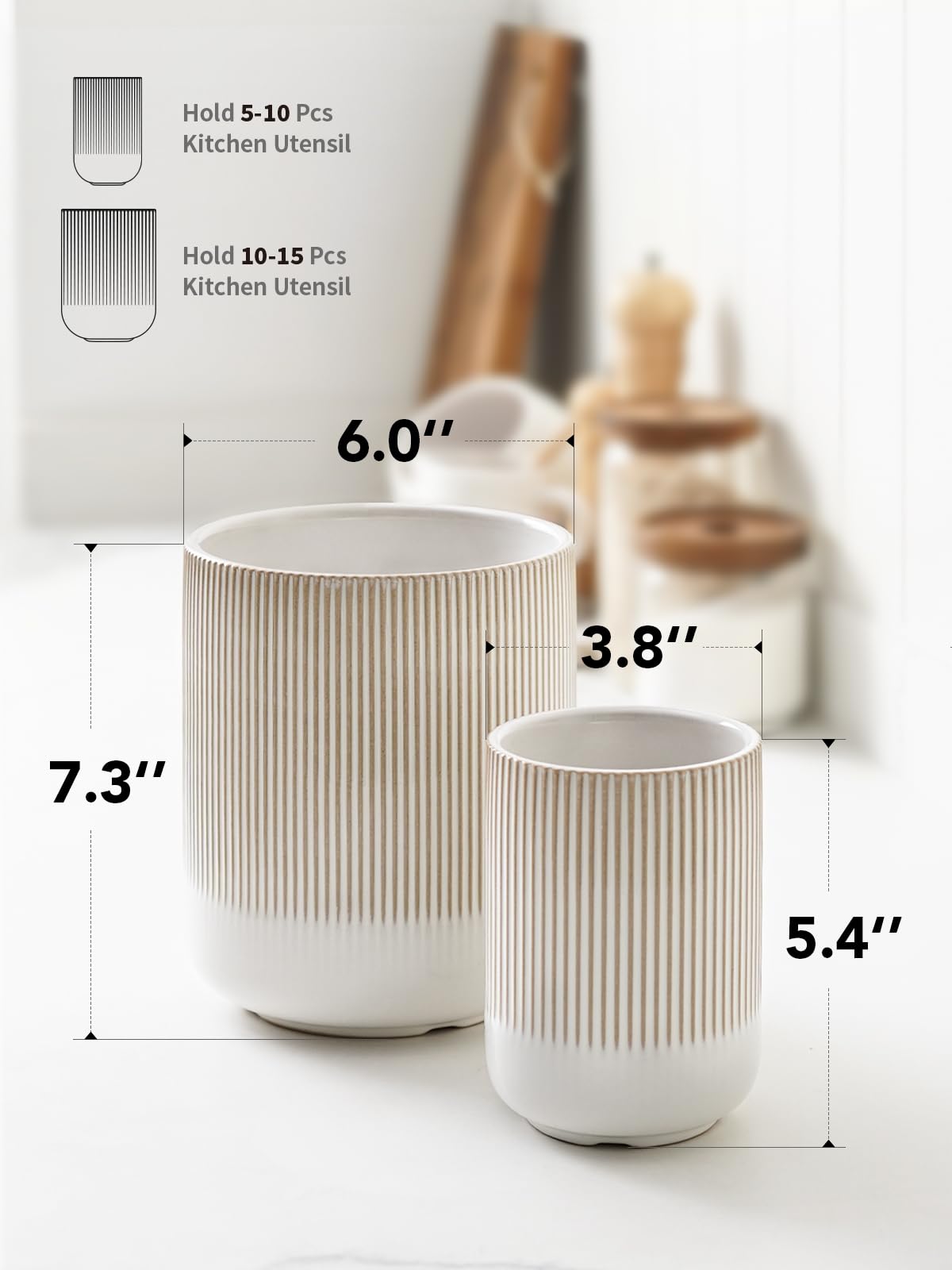 LE TAUCI Utensil Holder for Kitchen Counter, 7.3"+5.4" Fluted Ceramic Utensil Crock Organizer for Countertop, Heavy Large Holder for Spatulas, Spoons, Set of 2, Warm White Glaze