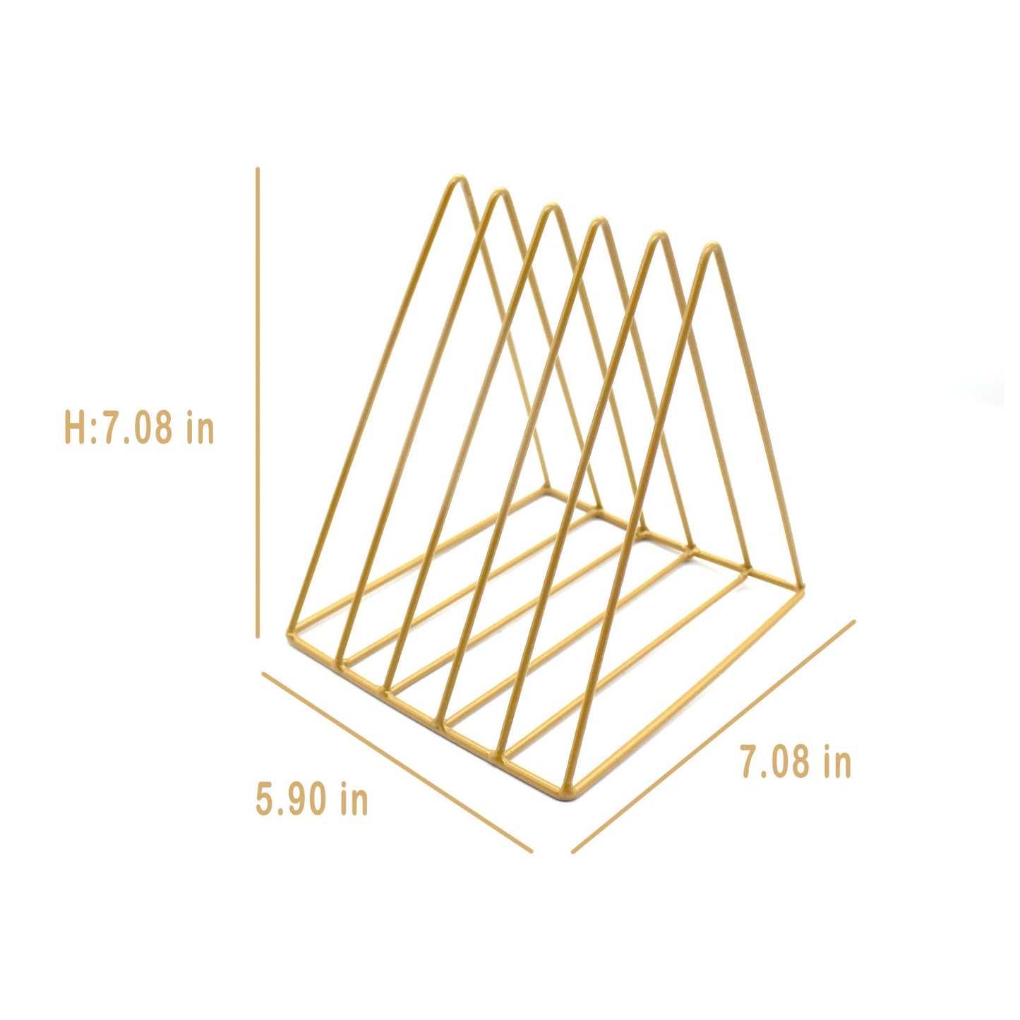 QPEY Triangle File Holder,5 Slot Metal Vinyl Record Stand Holder Magazine Newspaper Holder Photography Props for Office Home 1 Pc (Gold)