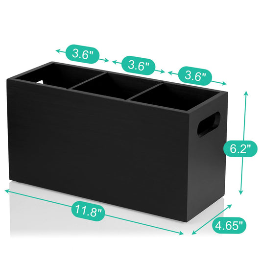 ALELION Black Kitchen Utensil Holder for Countertop - Wooden Large Utensil Caddy Organizer for Counter - 3 Compartment Cooking Utensil Crock for Silverware Spoon Spatula