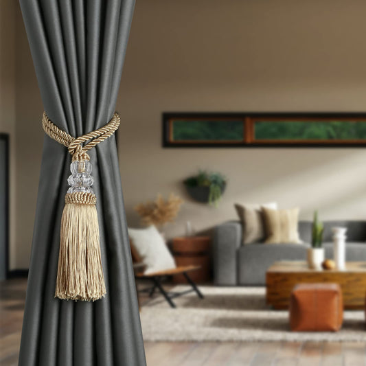 HedongHexi Curtain Tiebacks with Tassel, Outdoor Elegant Decorative Curtain Holdback,Modern Rope Window Curtain Ties Backs for Draperies 2 Pack (2, Gold)