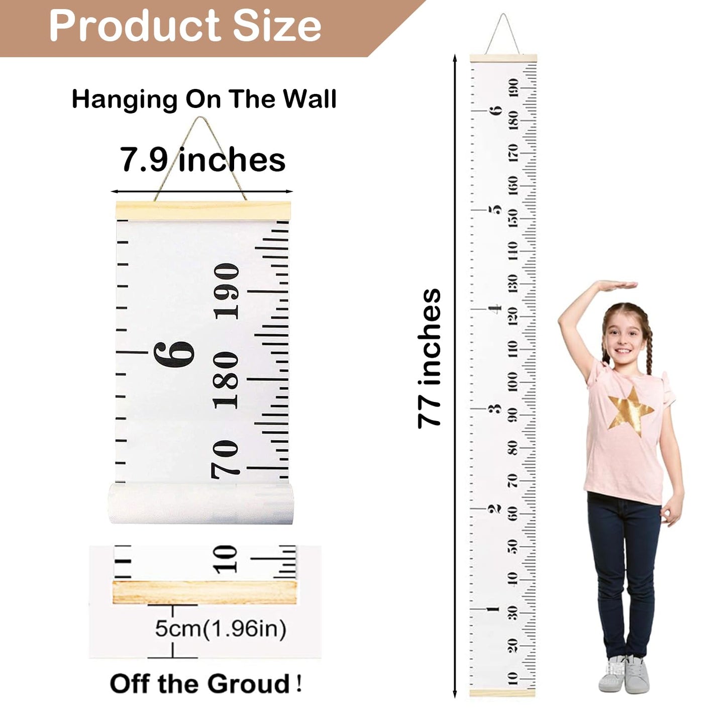 Height Chart for Kids, Growth Chart for Wall, 77"x7.9" Premium Canvas Removable Height Chart for Kids Baby Child Toddler Boys Girls Height Measurement for Wall (Black & White)