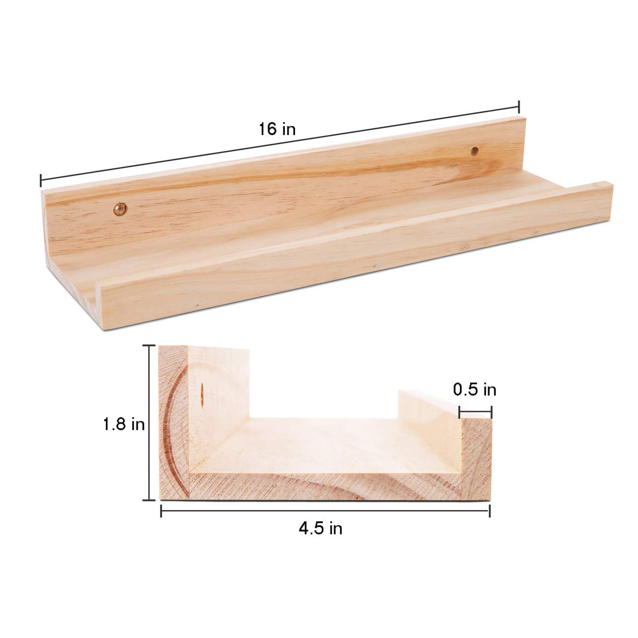 AZSKY Picture Ledge Shelf, Small Floating Shelves Set of 2, 16 Inches Nursery Book Shelves for Storage, Bookshelf Wall Mounted for Living Room Bedroom Decor Books Photo Frames,Natural