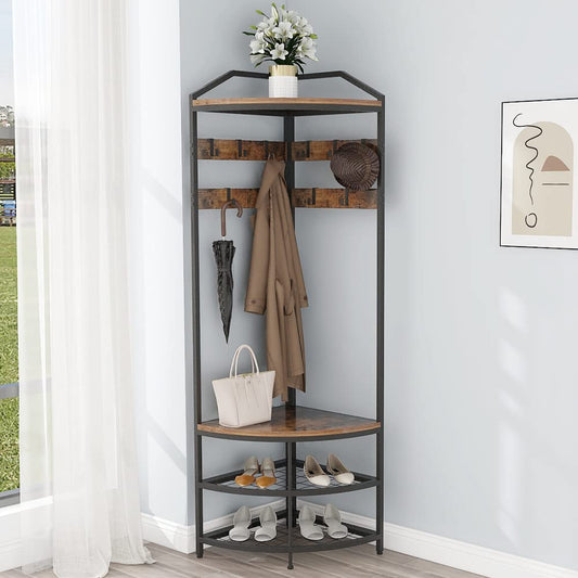 GiftGo Corner Hall Tree with Shoe Bench Entryway Coat Rack with 10 Metal Movable Hooks Floor Standing Clothes Rack Shoes Shelf Organizer for Home Office Bedroom (Rustic Brown)