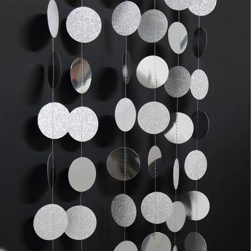 Decor365 Glitter Silver Party Decorations Silver Circle Garland Hanging Dot Streamers Banner Backdrop Birthday Decoration Bachelorette Bridal Shower Engagement Anniversary Graduation Party Decor