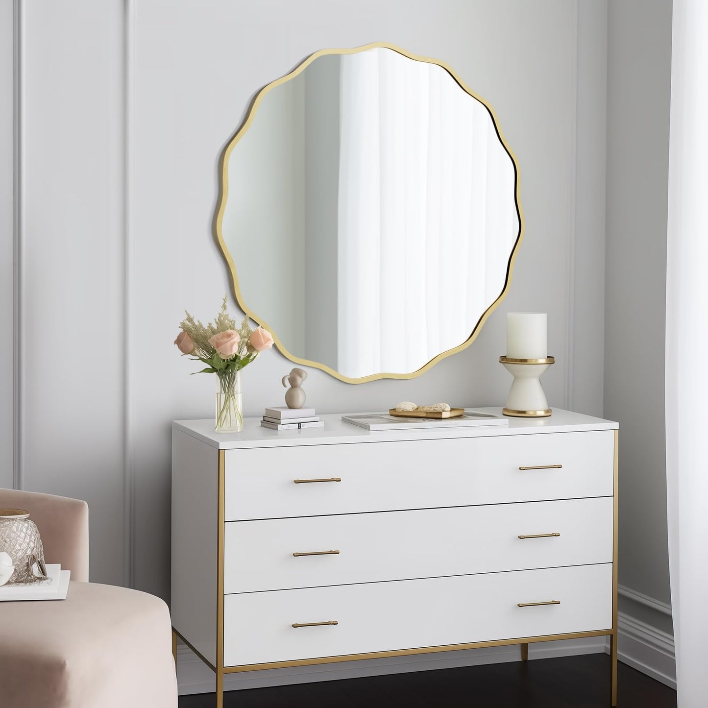 WallBeyond Round Wavy Mirror for Wall Decorative 32 inch, Modern Round Mirror Aluminum Frame for Bathroom Bedroom Living Room Home House Office Entryway, Gold