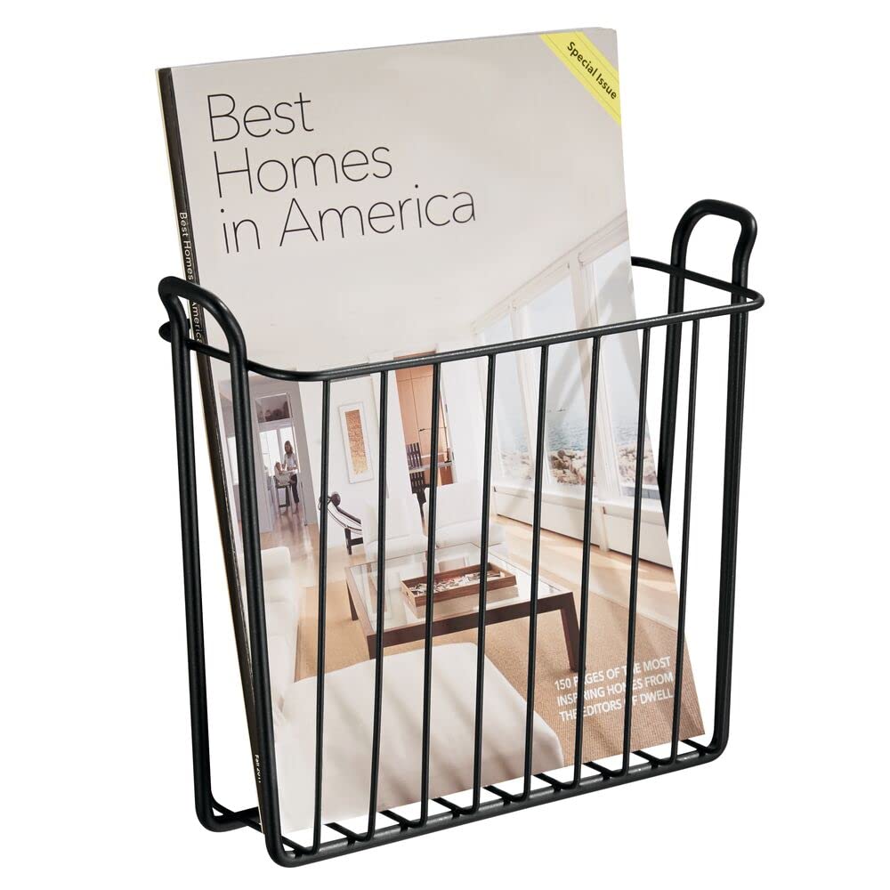 mDesign Metal Wall Mount Decorative Magazine Rack Organizer Bin Holder, Basket for Living Room, Bathroom, Bedroom, Home Office - Holds Books, Newspapers, Tablets - Concerto Collection - Black