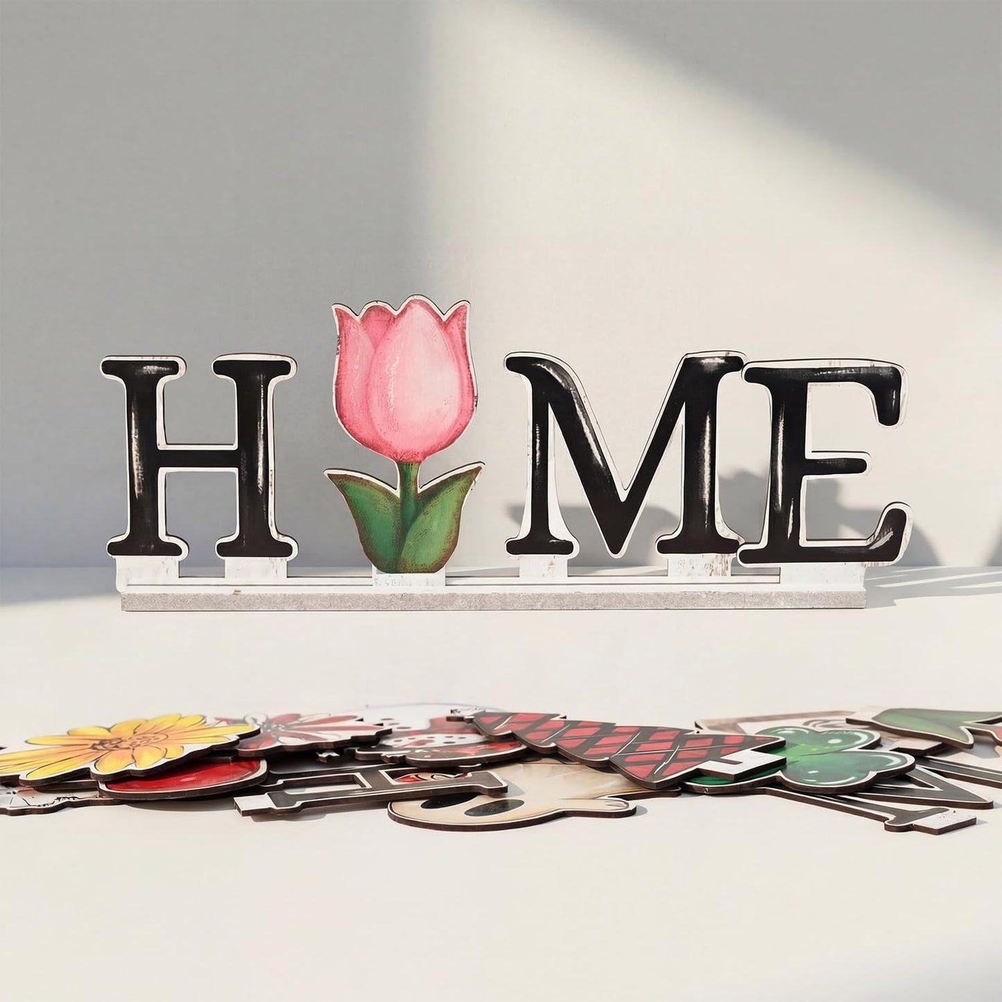 Smile Interchangeable Home Table Signs, Spring Easter Tulips Bunny with 10 Pcs Seasonal Icons, Wooden Sign Decor, HOME Letter Sign Ornaments Set Decorative Shelf Blocks