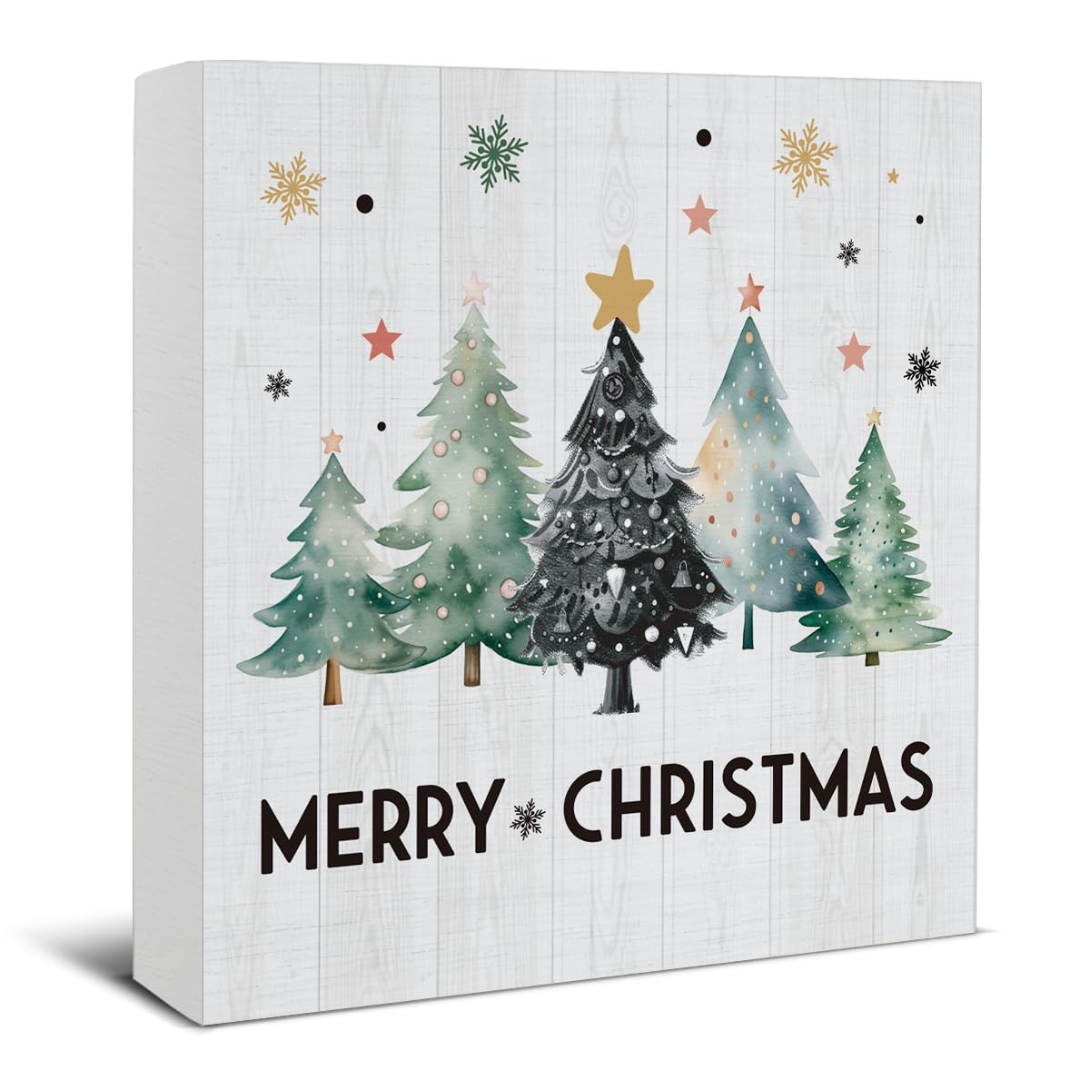 Merry Christmas Decorations - Christmas Tree Decor, Rustic Vacation Wooden Sign, Home Office Decor for Desk Table Shelf 5 X 5 Inches