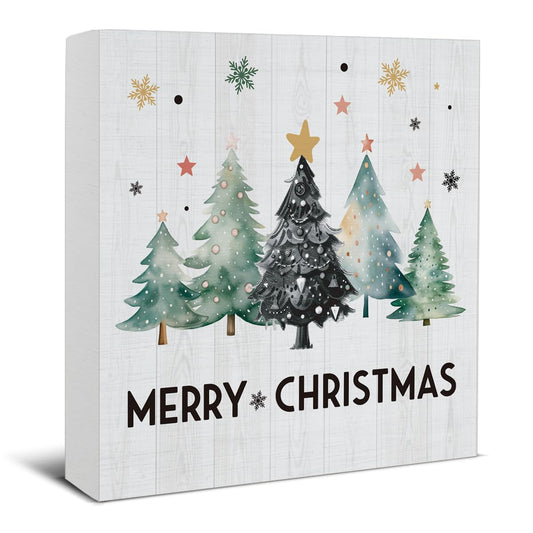 Merry Christmas Decorations - Christmas Tree Decor, Rustic Vacation Wooden Sign, Home Office Decor for Desk Table Shelf 5 X 5 Inches