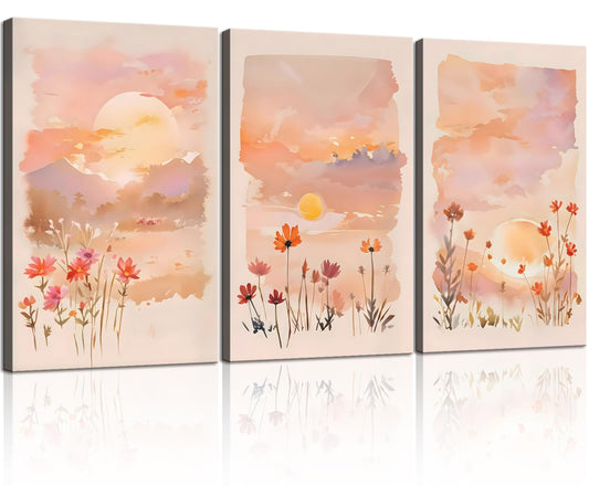 Eysintum 3 Panel Blush Sunset Wall Art, Watercolor Floral Canvas Prints, Wildflower Landscape Artwork, Boho Aesthetic Pink Nature Decor for Bedroom Living Room Home Office, Rustic Botanical Art, Ready to Hang 12x16in