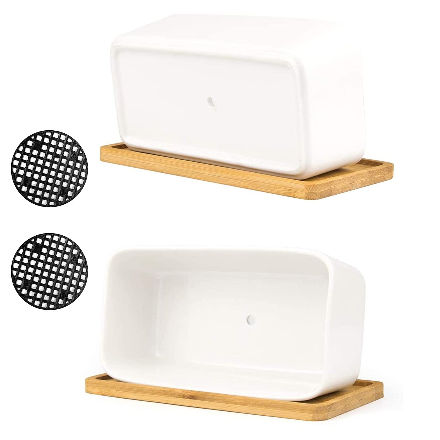 ARVINKEY White Ceramic Succulent Planters, Indoor and Outdoor Succulent Planters, Set of 2 Small Cactus Containers, Bonsai Pots, Flower Pots with Drainage Hole and Bamboo Bowl (No Plant)
