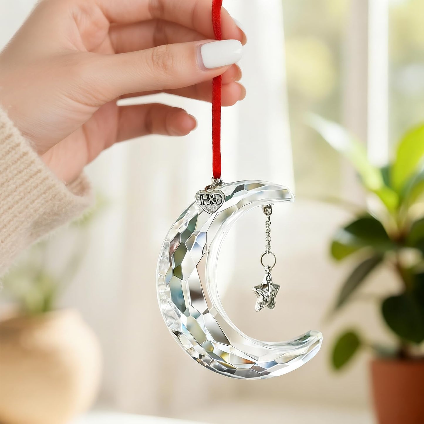 H&D HYALINE & DORA 2026 Christmas Moon Ornament Crystal Christmas Moon Hanging Ornament Clear Crystal Suncatcher Ornament for Xmas Winter Party Home Decor
