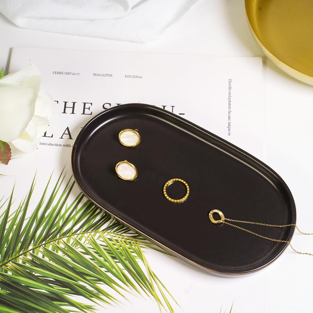 Ceramic Jewelry Dish, Perfume Vanity Tray, 7x4 Decorative Catch All Bowl for Trinket Key Ring, Small Bathroom Counter Tray, Soap Tray for Kitchen Sink (Black)