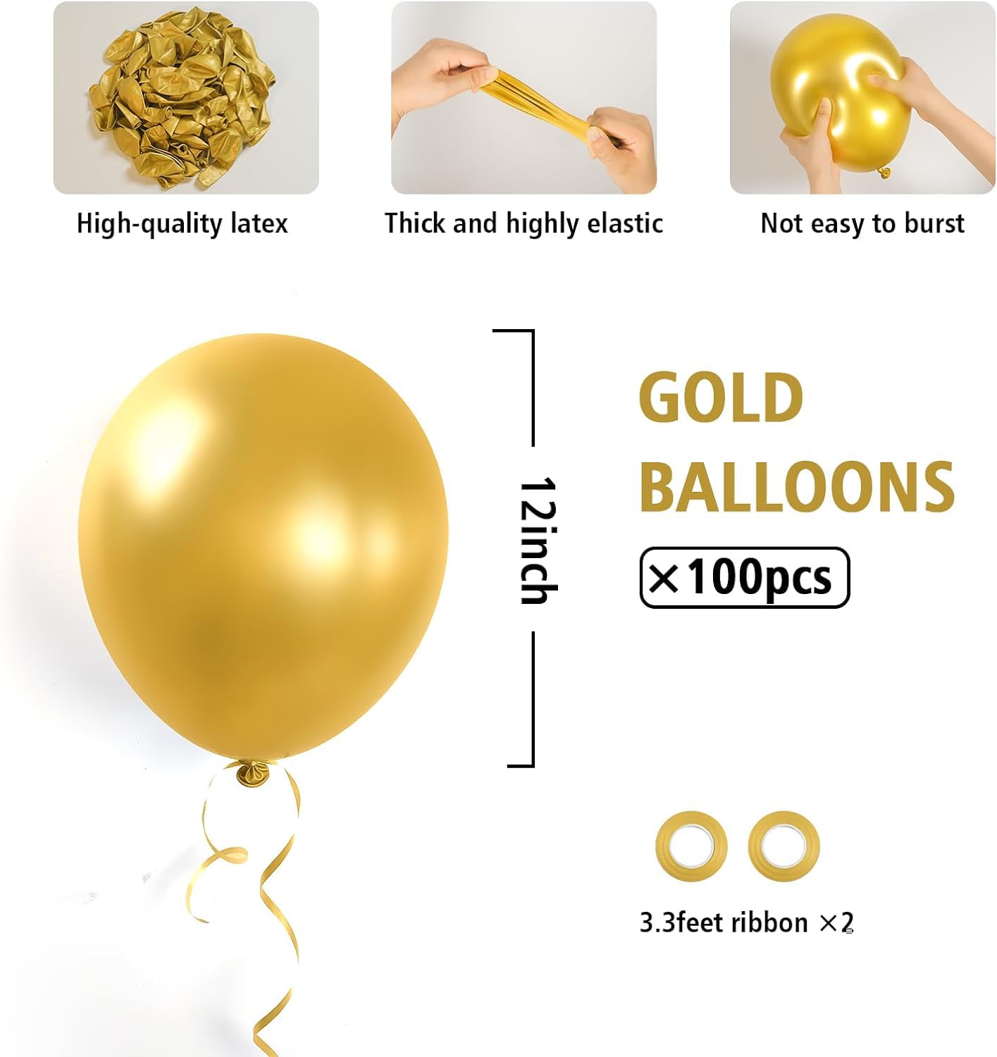 BAUANOOY 100pcs Metallic Gold Balloons 12 inch, Chrome Gold Balloons with Gold Ribbon for Birthday Graduation Engagement Wedding Party Decorations