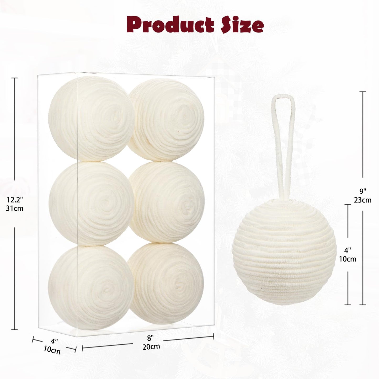 Briful 3.94'' White Christmas Ornament Balls, 6PCS Large Decorative Yarn Balls Xmas Tree Hanging Ornaments with Strings for Holiday Party Christmas Table Vase Decor