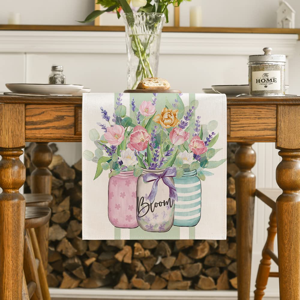 Artoid Mode Vase Bloom Tulip Lavender Summer Table Runner, Seasonal Spring Kitchen Dining Table Decoration for Home Party Decor 13x72 Inch