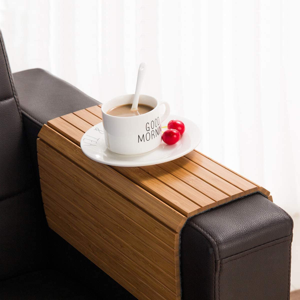 GEHE Sofa Arm Tray Table - Flexible/Foldable Couch Arm Table Perfect for Drink & Snacks Great Armrest Tray (16.5" L x 13.25" W x 0.35" H, Natural Bamboo)