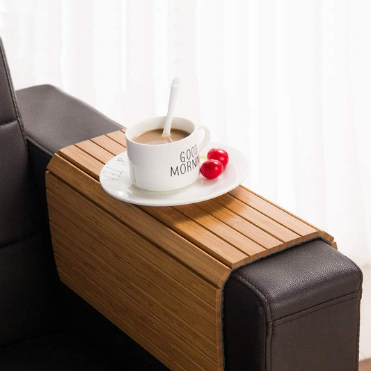 GEHE Sofa Arm Tray Table - Flexible/Foldable Couch Arm Table Perfect for Drink & Snacks Great Armrest Tray (16.5" L x 13.25" W x 0.35" H, Natural Bamboo)