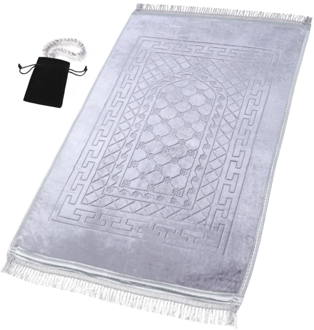 Prayer Rug Muslim Mat Islamic - Thick Prayer Rug Sajadah for Kids Men Women with Islam Prayer Beads for Eid Travel Ramadan, Soft and Luxury (Gray)
