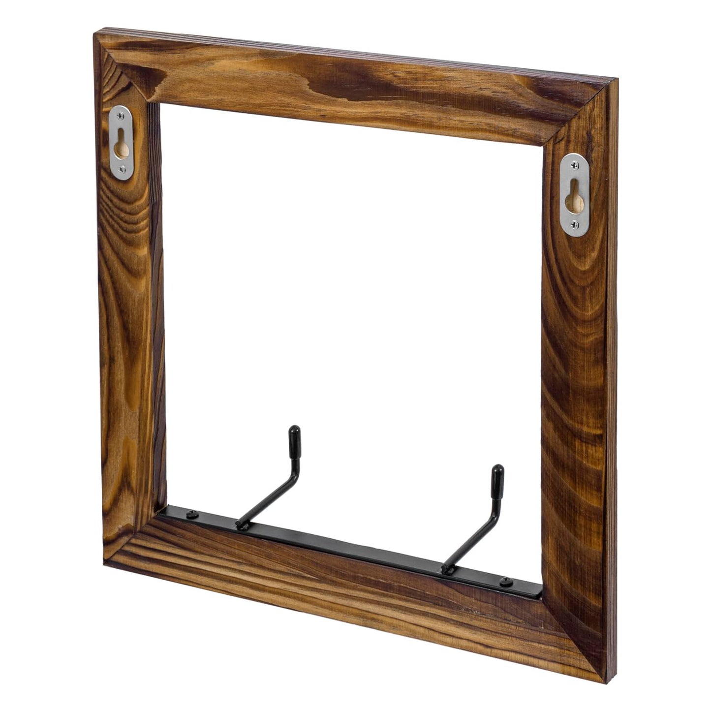 MyGift Set of 2 Wall Mounted Single Plate Holders with Decorative Wooden Frame, Rustic Burnt Solid Wood Display Racks and Black Metal Wire Hanger Hooks for 8 to 11 Inch Plates