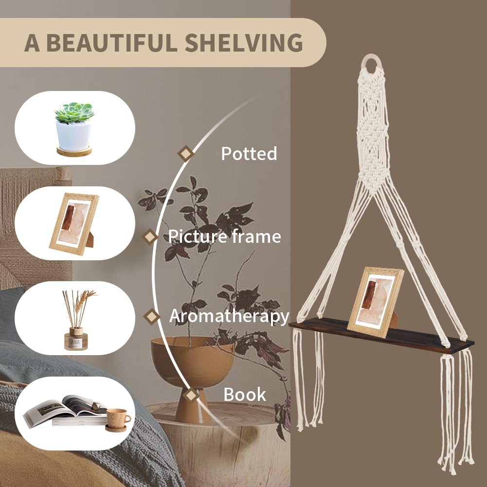 Trenqular 2 Pack Macrame Wall Hanging Shelf,Boho Wooden Display Floating Shelves with Handmade Woven Rope,Rustic Wood Floating Storage Shelf,for Living Room Hanging Plants Photos