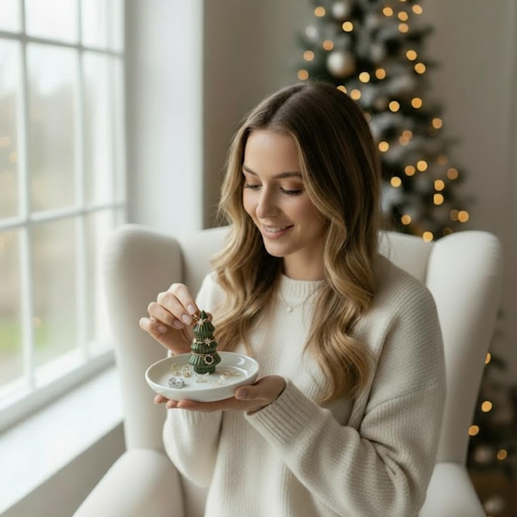 mono living Moss Green Christmas Tree Ring Dish - Ceramic Jewelry Holder for Kitchen Sink or Vanity - Aesthetic Sage Green Room Decor, Holiday Xmas Tree Trinket Tray, Christmas Gifts for Women