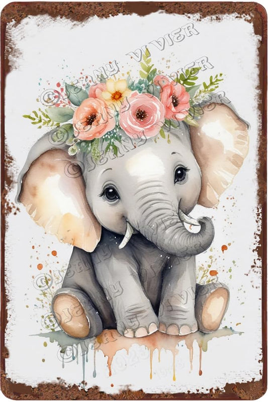 Baby Elephant Watercolor Wall Decor, Woodland Animal Metal Tin Sign, Floral Crown Design, 5.5 x 8 inches, Aluminum, Nursery Kids Room Decor, New Home Gifts