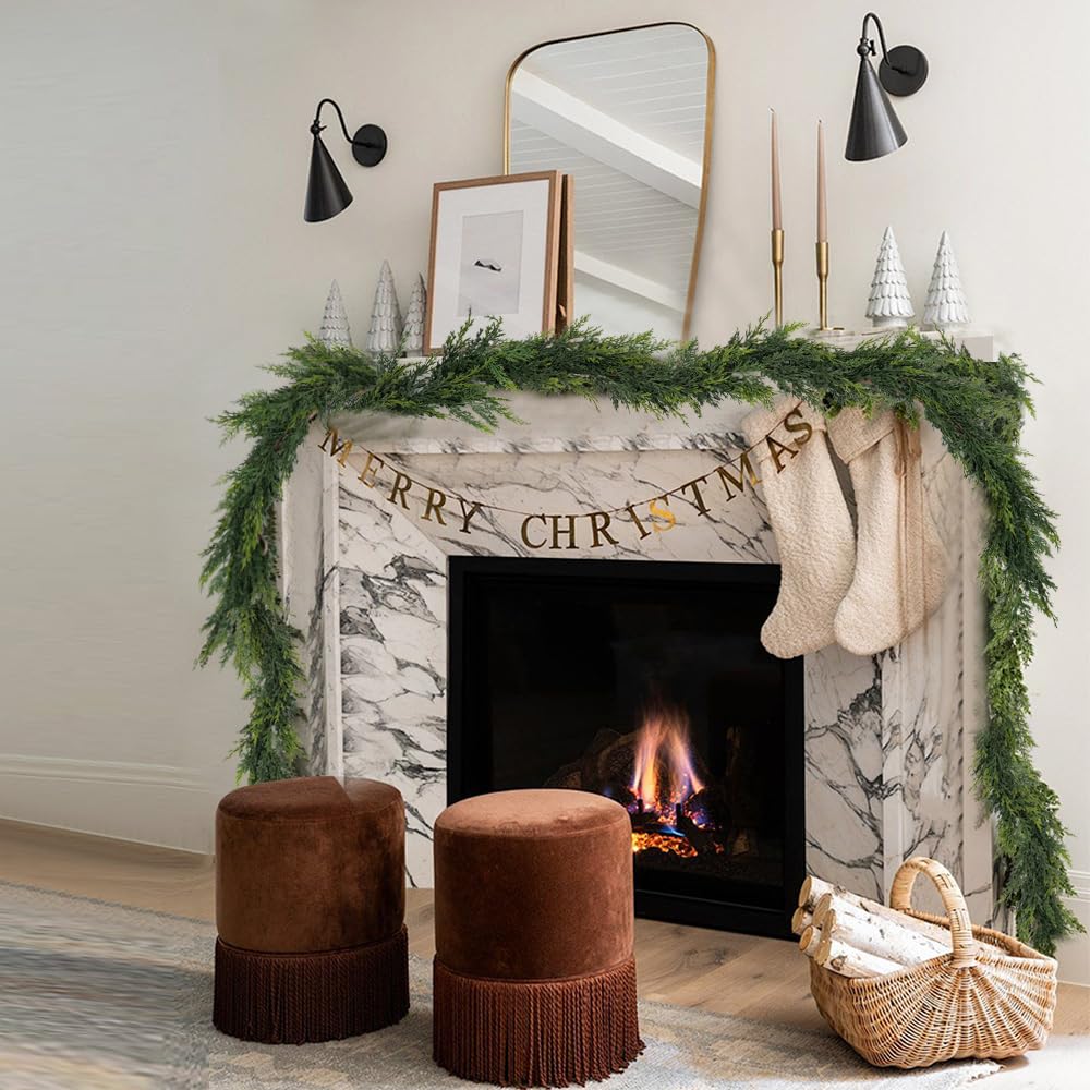 Christmas Cedar Garland,1Pcs 6ft Real Touch Cedar Pine Garland for Mantle Fireplace Outdoor Indoor Christmas Decorations