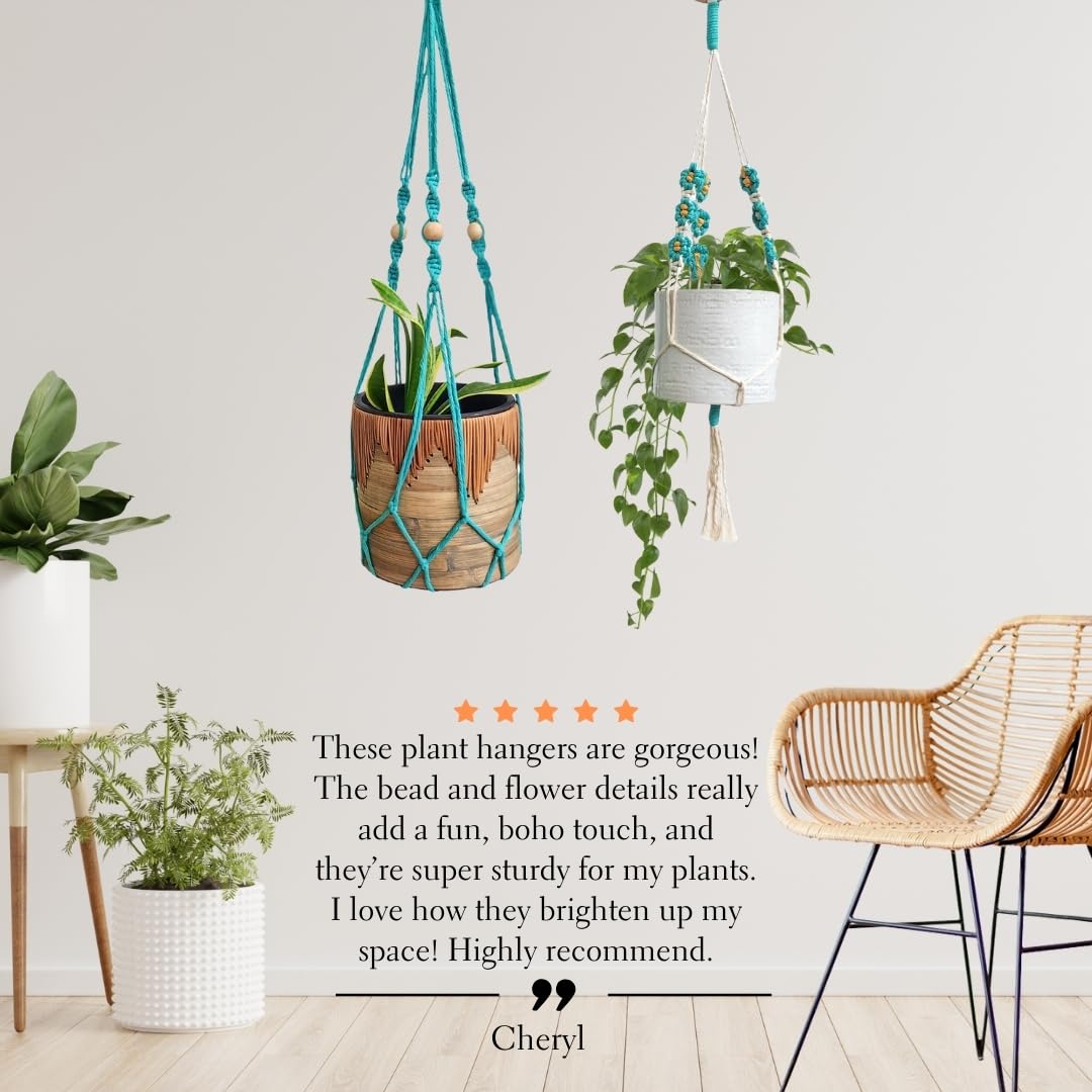 Set of 2 Macrame plant hanger with Daisies & Beads | Hanging plant holder Macrame Plant hangers outdoor and indoor hanging planters Plant stand indoor Boho Decor hanging planter stand (Ocean Teal)