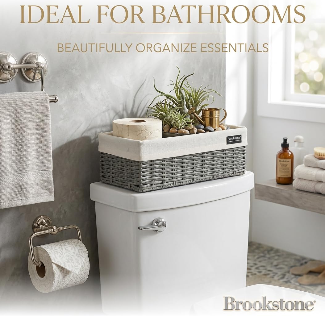 Brookstone Wicker Storage Basket Two Pack Set, Bathroom and Closet Organizers and Storage Bins with Fabric Liner, Grey
