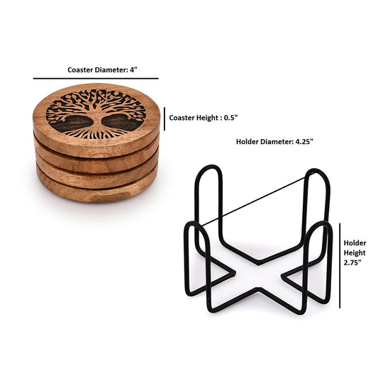 Kimona Coasters Set of 4 Handmade Round Wooden Tree of Life Coasters for Drinks with Iron Holder for Any Table Type for Bar Kitchen Home Apartment (4" x 4" x 0.5")