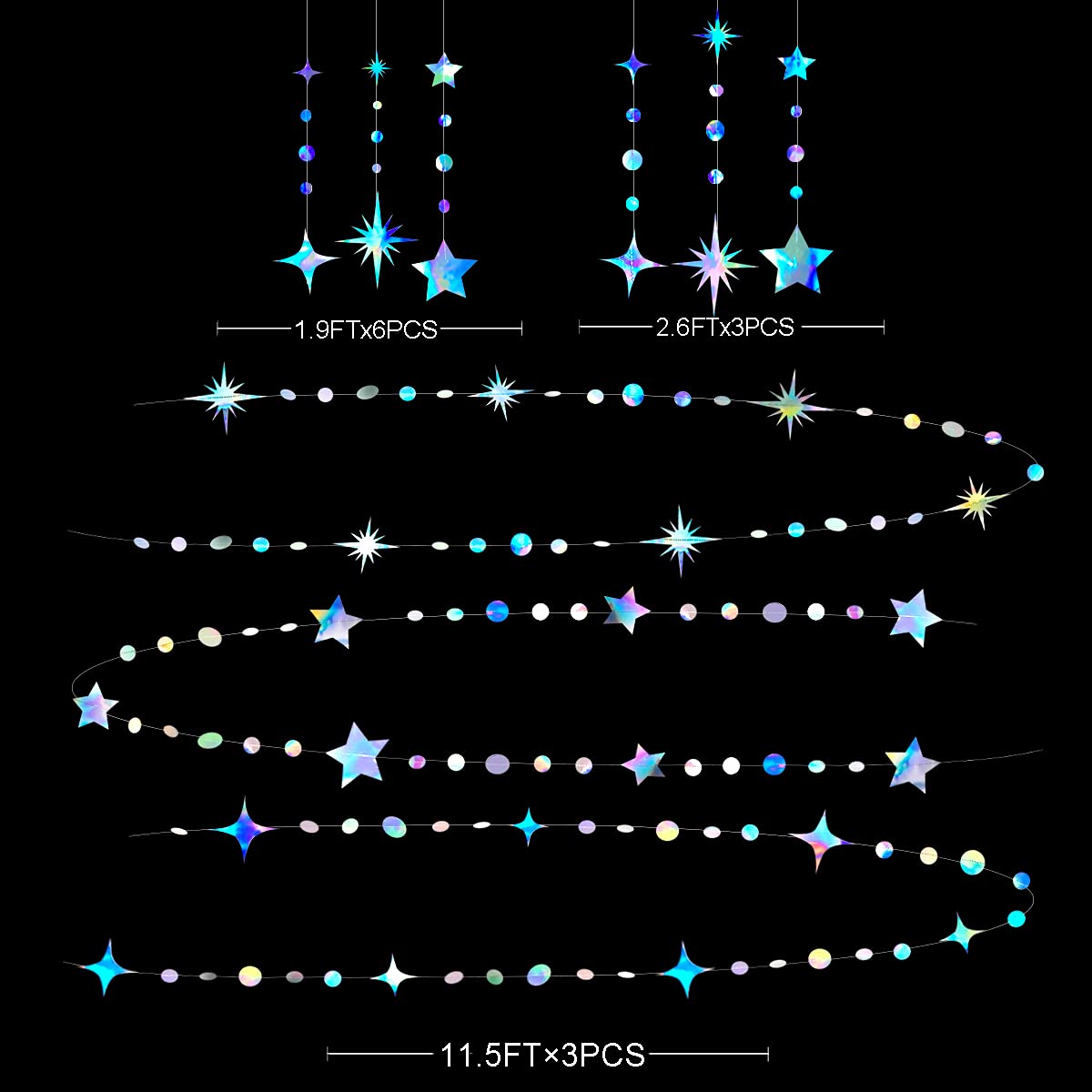 Iridescent Party Decorations Star Circle Dot Paper Garland Banner Bunting Streamer Metallic Hanging Twinkle Star Decoration for Kids Birthday Baby Shower Wedding Festival Engagement Sweet 16 Decor