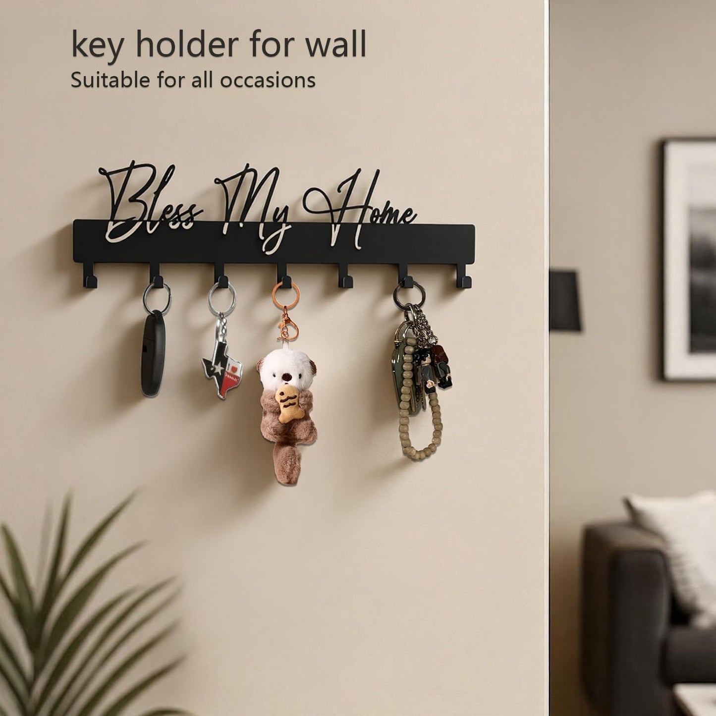 ShowMtheM Exquisite Fashion Phrase Key Holder Wall Mount,Bless My Home Key Hooks for Wall Decoration,Black Metal Key Hanger with 7 Hooks for Entryway,Office,Living Room Decor