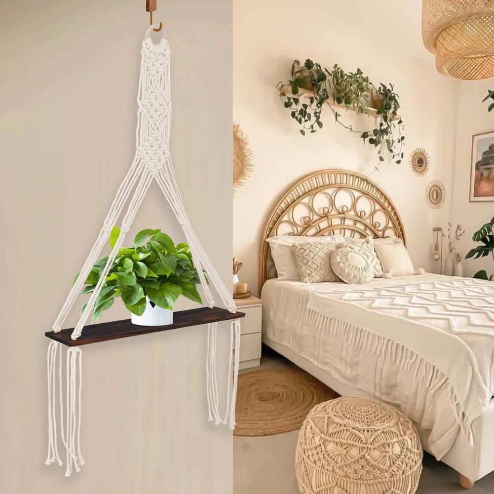 Trenqular 2 Pack Macrame Wall Hanging Shelf,Boho Wooden Display Floating Shelves with Handmade Woven Rope,Rustic Wood Floating Storage Shelf,for Living Room Hanging Plants Photos