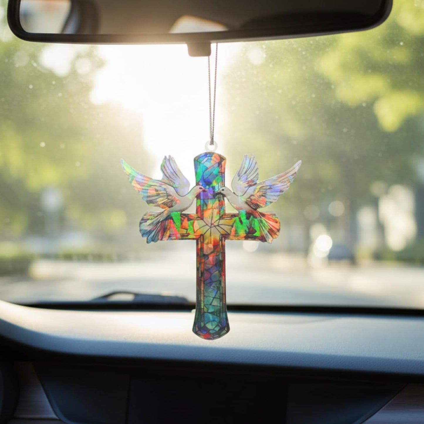 Christian Gifts for Women - Memorial Gifts - Cross Decor – Hologram Acrylic Suncatcher Hanging Decoration – Shimmering Cross with Doves for Window, Christmas Tree, Religious Gifts, Gifts for Mom Girl