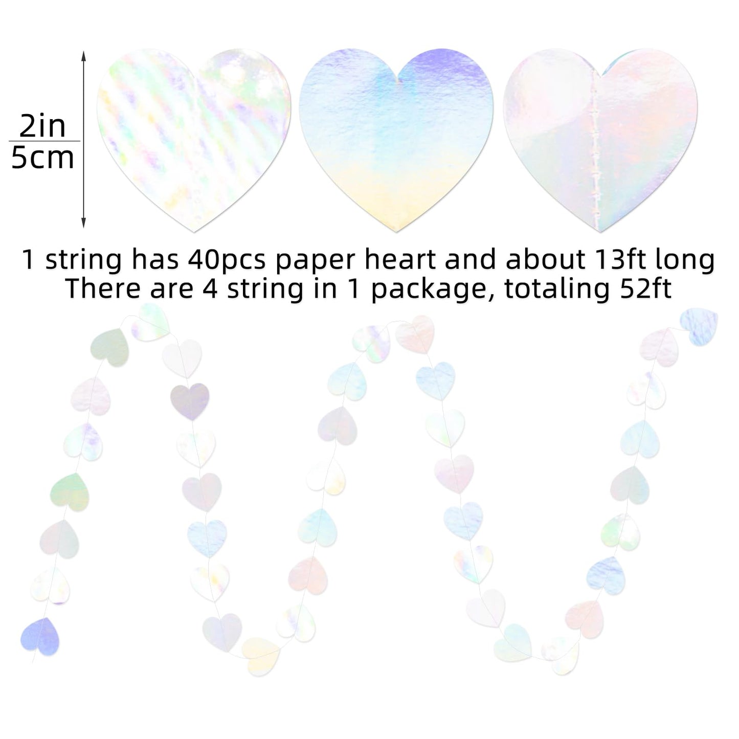 Iridescent Party Decorations - 52ft Paper Heart Garland Streamers Banner for Birthday Wedding Bachelorette Baby Shower Bridal Shower Engagement Valentines Day Hanging Decor HongTongTong