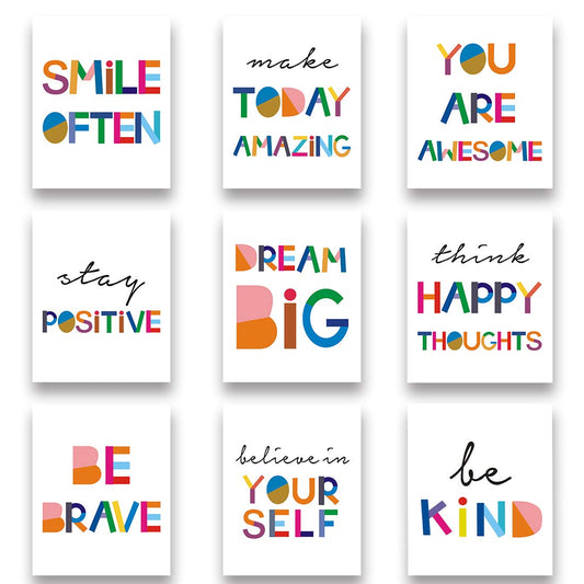 Watercolor Words Inspirational Quote Modern Minimalist Typography Art Print Set of 9 (8”X10”) Canvas Painting，Motivational Quote Phrases Wall Art Poster For Nursery or Kids Room Home Decor，No Frame