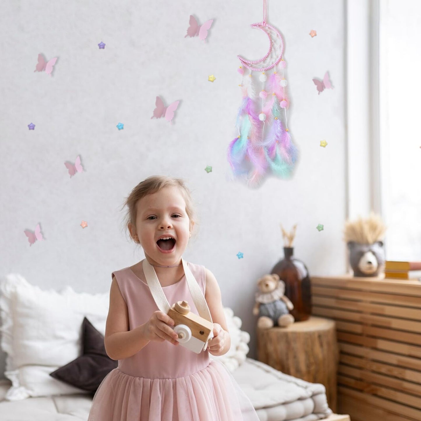 Fun-Plus Pink Dream Catcher Wall Hanging Set - 10 Butterflies & 16 Stars, Boho Room Decor for Girls, Easy Peel & Stick Wall Art for Bedroom, Nursery, Teen Room for Daughter, Birthday, Christmas