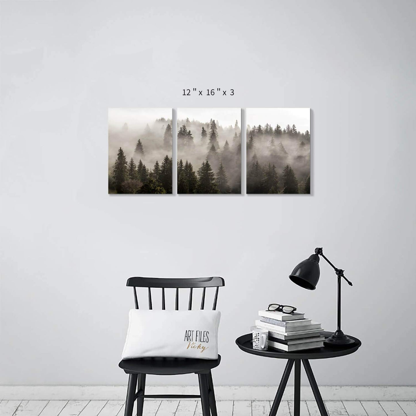 Foggy Forest Picture Wall Art: Landscape Painting Misty Pine Trees Artwork Print on Canvas for Kids Rooms(16"x12"x3pcs)