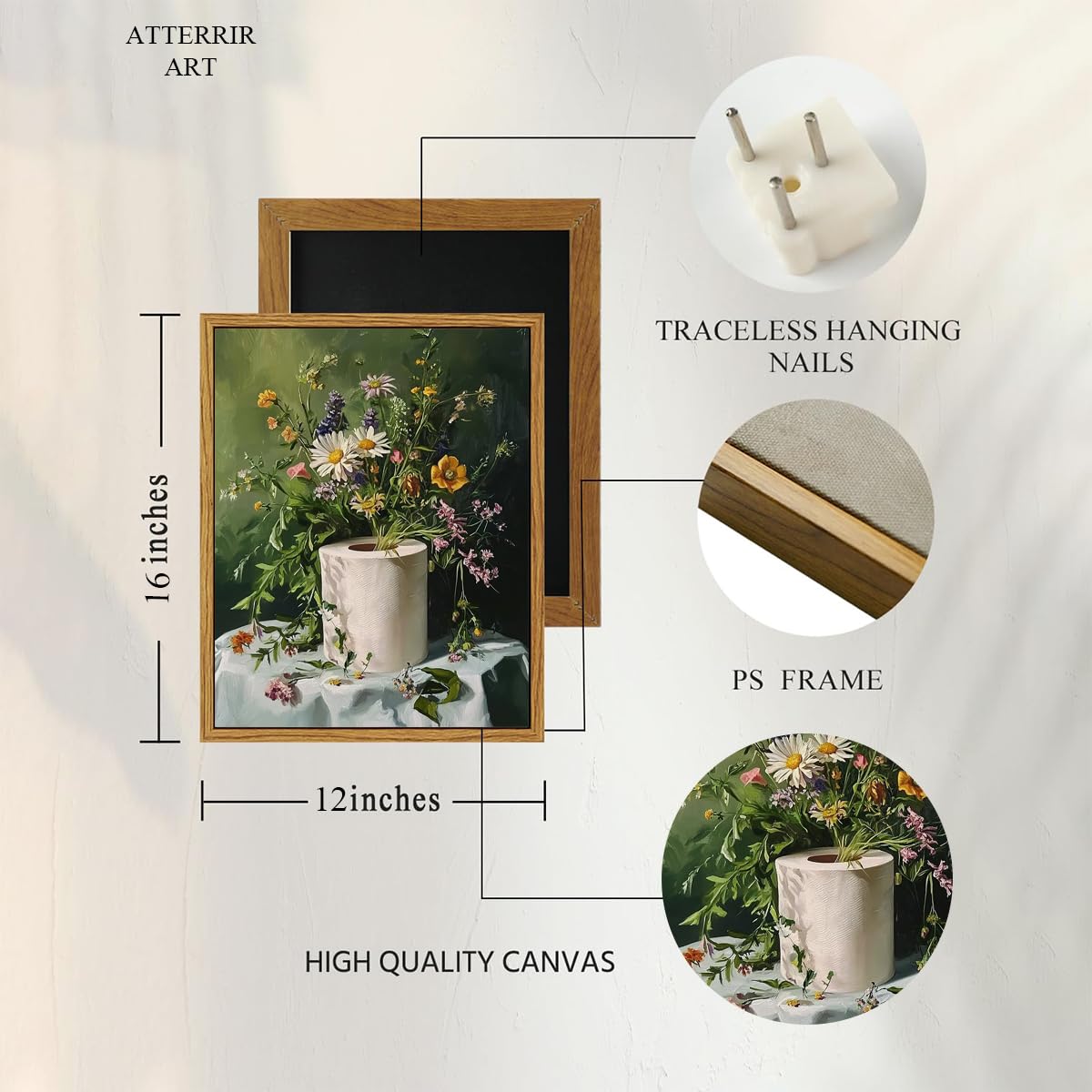 AtterrirArt Framed Funny Bathroom Wall Art, Toilet Paper Picture Painting Print, Vintage Moody Floral Wall Decor, Toilet Canvas Wall Art, Ready To Hang, 12 * 16 Inches