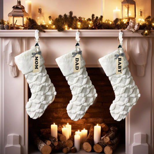 AOGU 3 Pack 18 Inch Faux Fur Christmas Stockings Cable Knit Knitted Thick Snowy White Xmas Christmas Stockings Hanging Ornaments Candy Gift Bags for Christmas Decorations