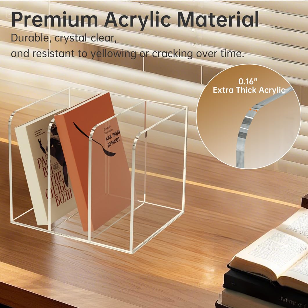 POCFOINY Acrylic Desk Organizer Book Organizer, Magazine File Holder, Vertical File Organizer Stand File Folder Holder, Mail Organizer Countertop Mail Sorter File Sorter, Clear Book Ends Book Holder
