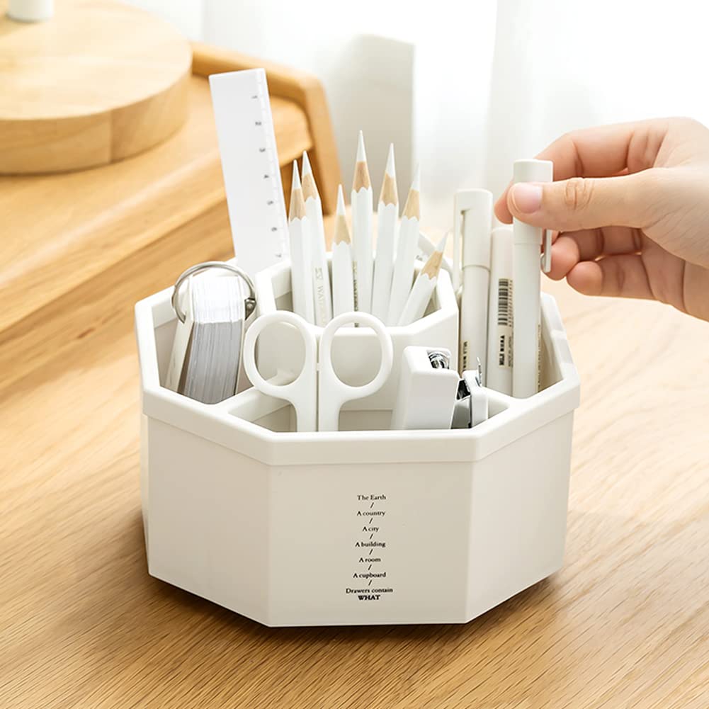 kaileyouxiangongsi Desk Organizer, 360-Degree Rotating Multi-Functional Pen Holder, 5 Compartments Desktop Stationary Organizer, Home Office Art Supply Storage Box Caddy (White)