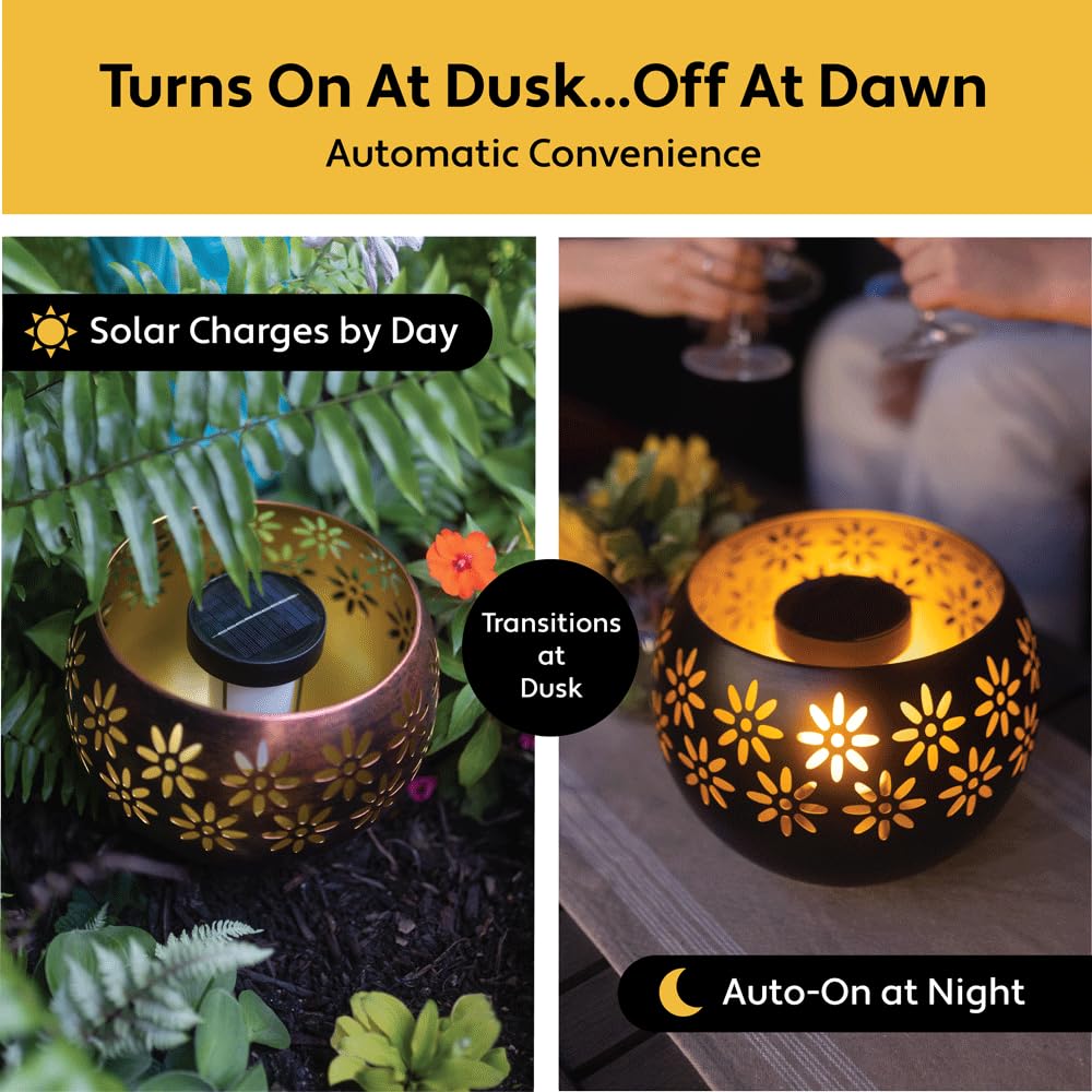 Solar Fire Bowl (1-Pack) Outdoor Waterproof Solar Lanterns - Metal Porch Lights with Flickering Flame for Tabletop, Patio, Garden & Landscape Decor (Bronze/Copper)