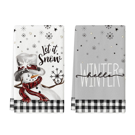 Artoid Mode Buffalo Plaid Snowman Let It Snow Winter Kitchen Towels Dish Towels, 18x26 Inch Daily Seasonal Christmas Decoration Hand Towels Set of 2
