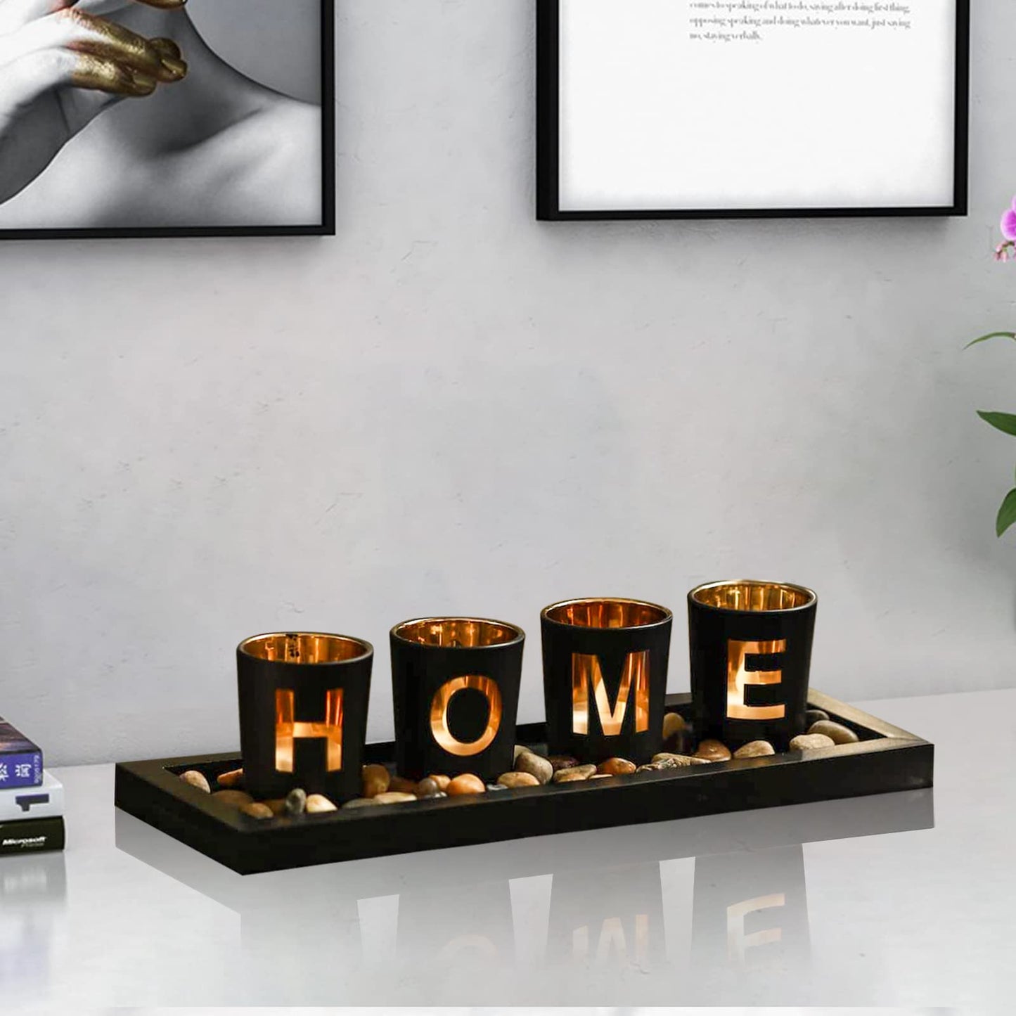 MrMrKura Home Decorative Candle Holder Set, 4 Glass Tea Light Candleholders with Wooden Candle Holders Tray, Natural Pebbles for Home Decor Table Decorations Centerpiece
