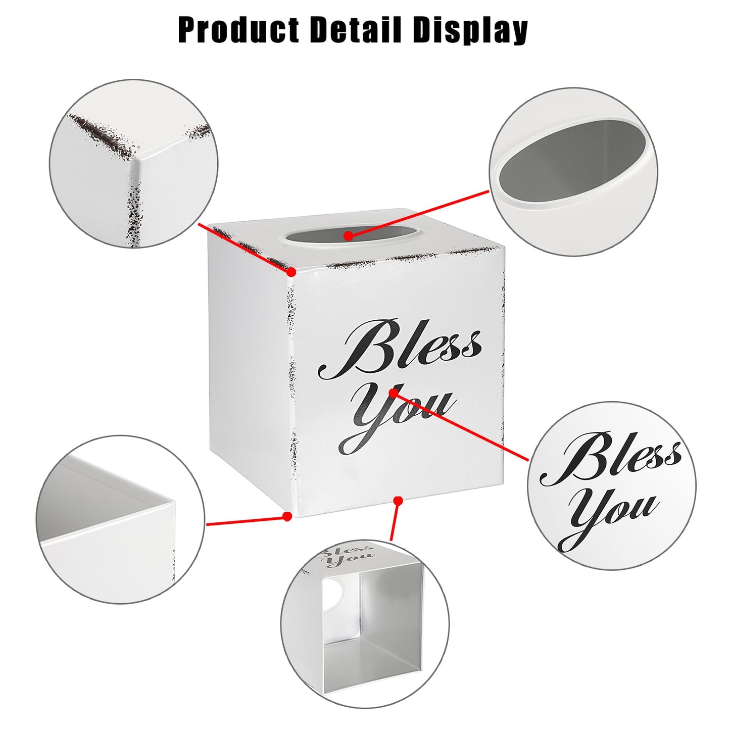 Sumnacon Tissue Box Cover Square, Bless You Tissue Holders, Decorative Tissue Box Holder Open Bottom, Cube Metal Tissue Cover for Bathroom, Bedroom, Living Room, Office, Tabletop, Gift Option, White