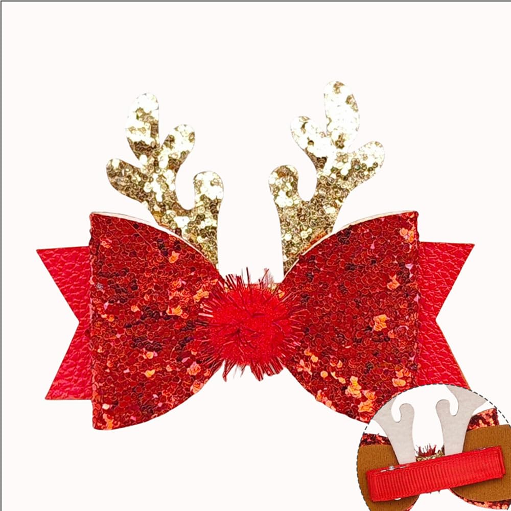 Ulfanit Christmas Hair Clips, Red Gold Sequined Bow Antler Hair Clip Hairpin Xmas Gift, Cute Sparkly Hair Accessories Christmas Costume, New Year, Winter Holiday Celebration, Birthday Party Gift